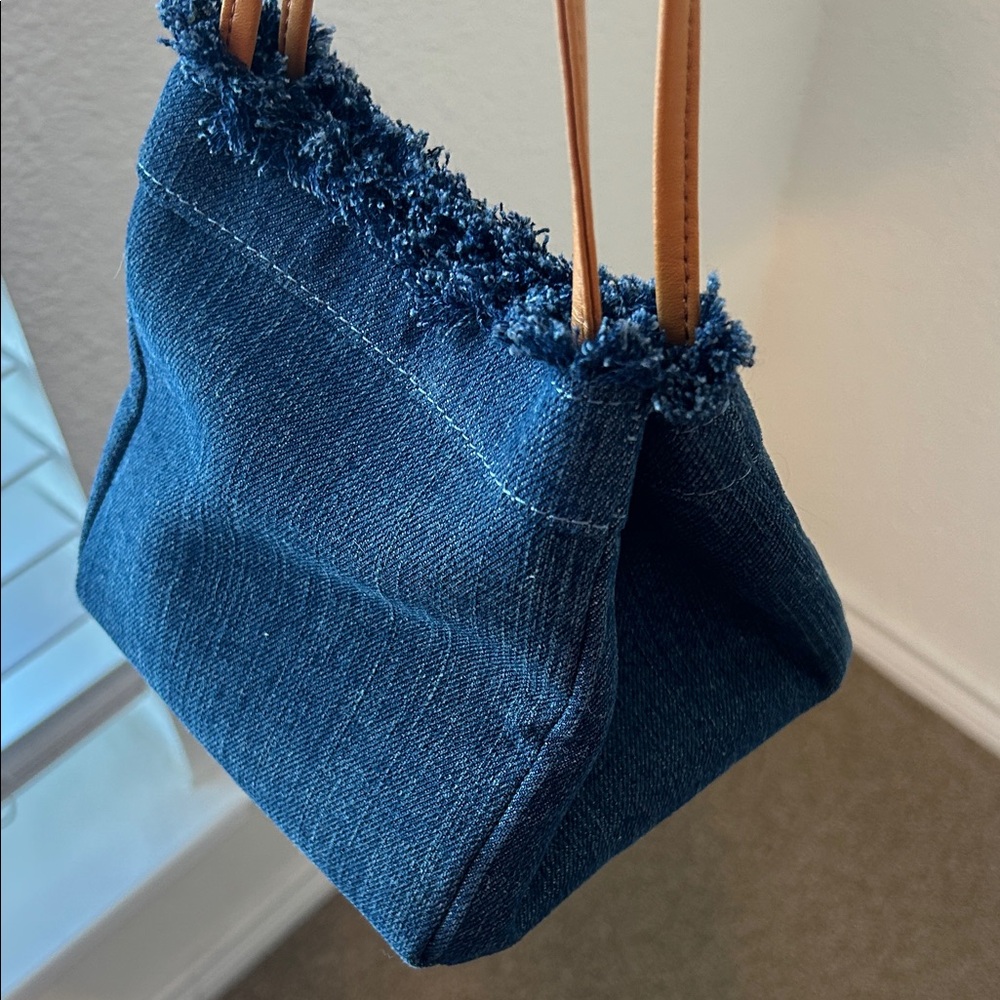 Frayed Edge Small Dark Blue Denim Tote Bag Purse - Magnetic Closure